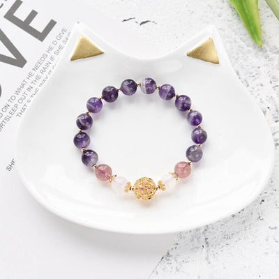 Bracelet en amethyst et quartz rosé avec détail doré