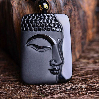 Collier et Pendentif Amulette de Protection Bouddha en Obsidiennet