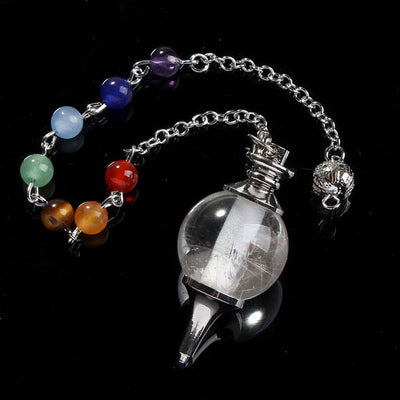 Pendule avec boule en cristal blanc et perles colorées des 7 chakras